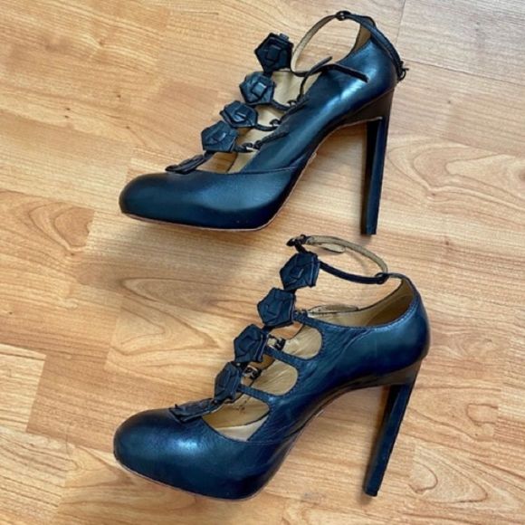 L.A.M.B. Black Leather Rosette Mary Jane Heels - Picture 1 of 4